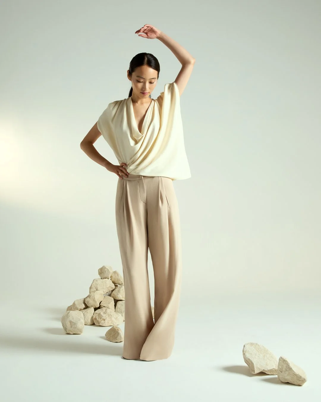 Idyia Alabaster draped blouse and Aitne trousers