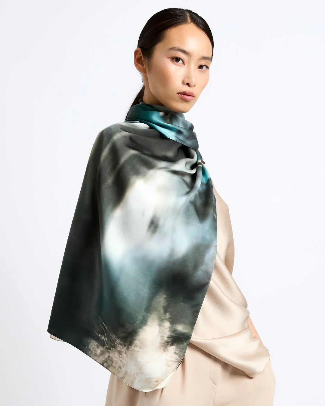 Senuna Blouse and Aitne Trousers - Mist, Luminescent Artwork Print Scarf