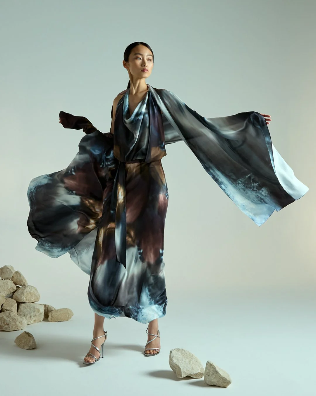 Aiode Artwork Print Maxi Dress and Sleeve Scarf - Ice