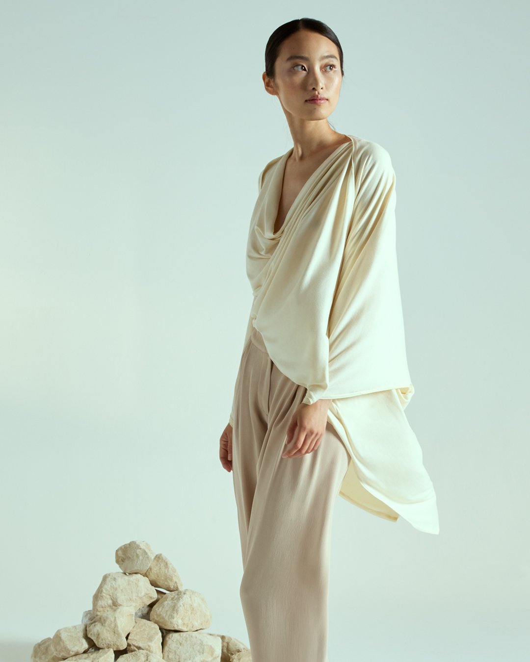 Esus Alabaster Jersey Wrap and Aitne Trousers
