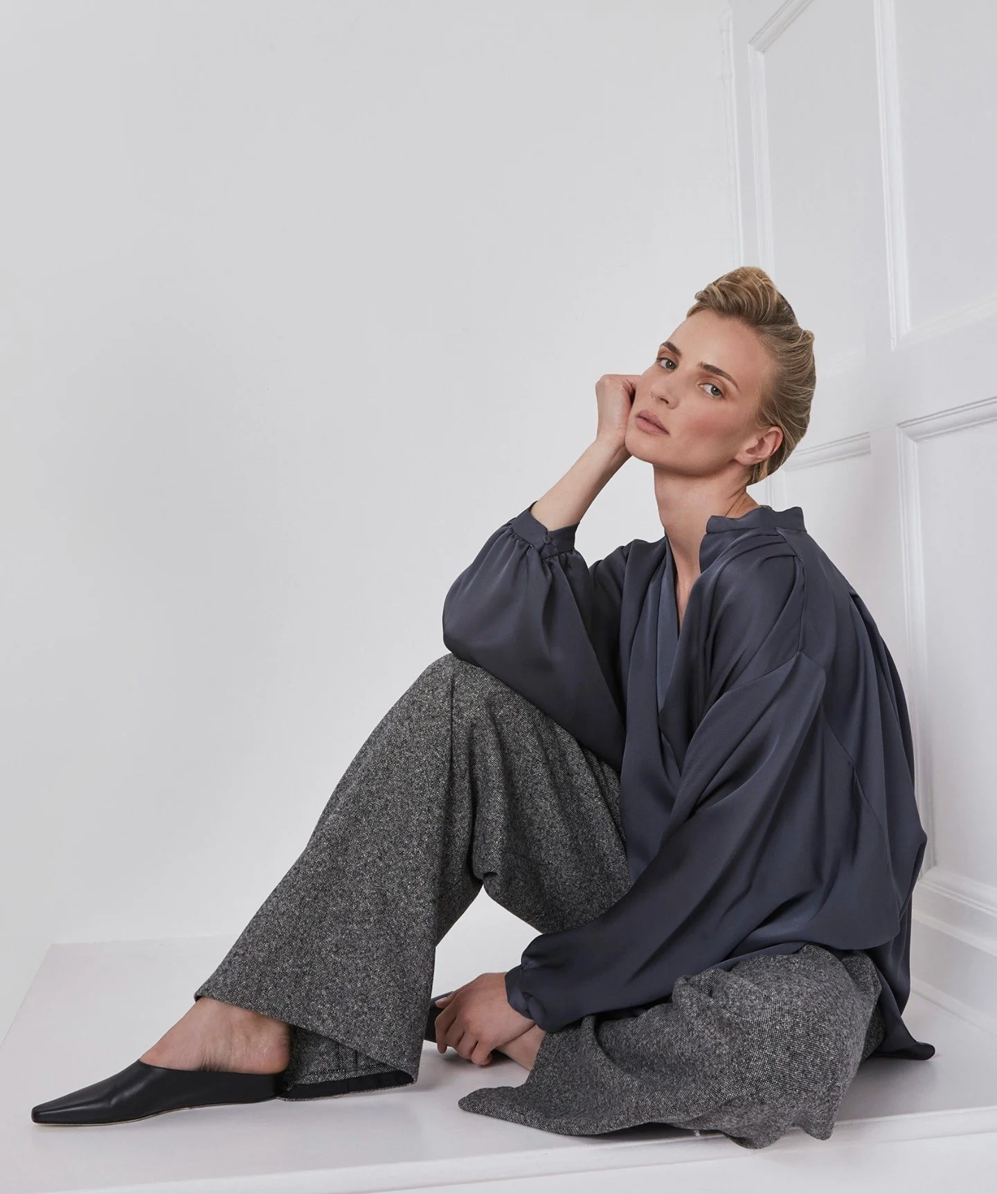 Medea silk blouse and Oxford Wool Tweed Trousers