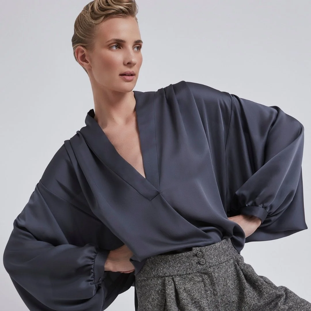 Medea silk blouse and Oxford Wool Tweed Trousers