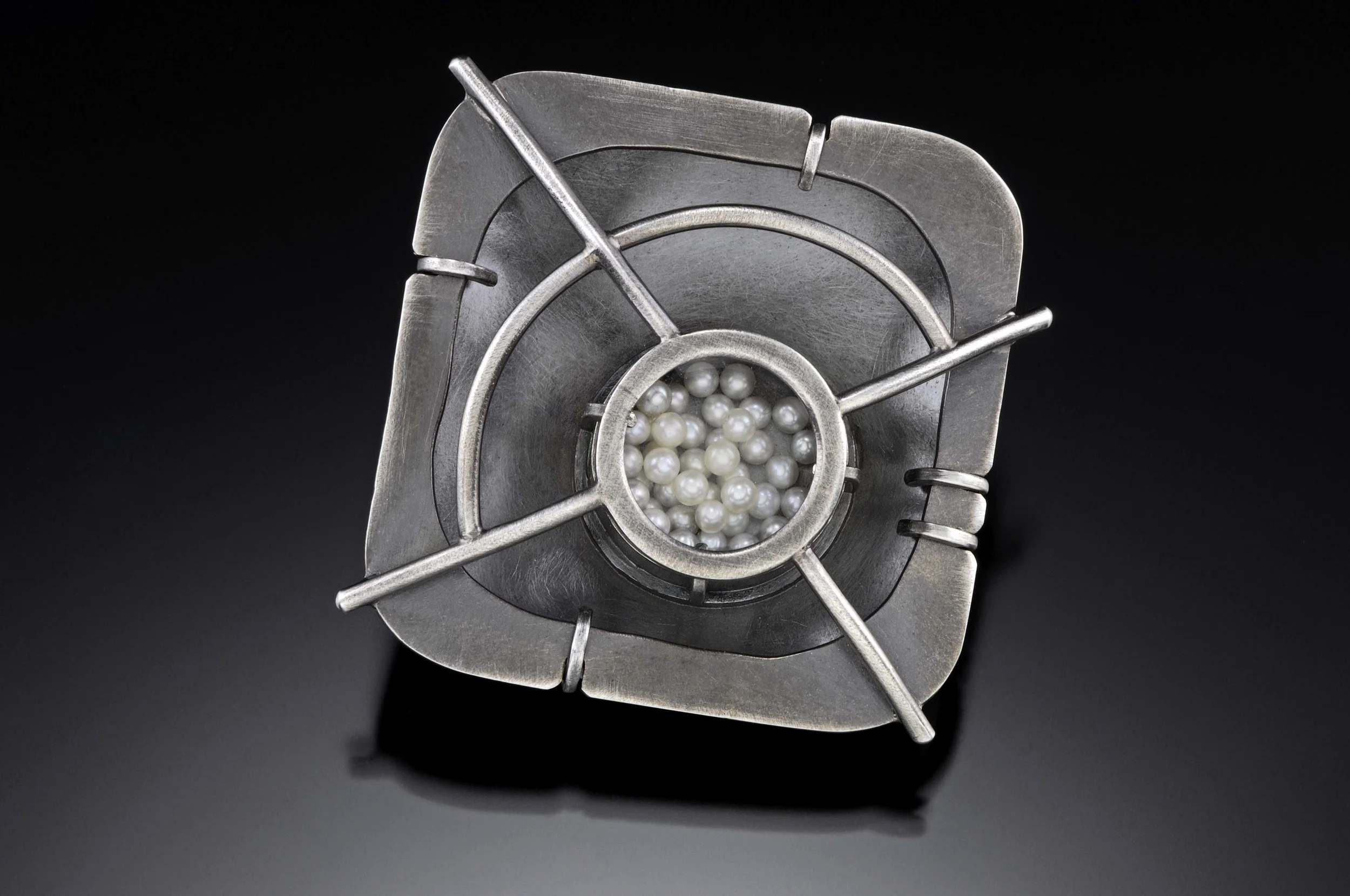 Sarah C Chapman - Square Pearl Broach, oxidized sterling silver, quartz watch crystal, stainless steel pinback & fresh water pearls