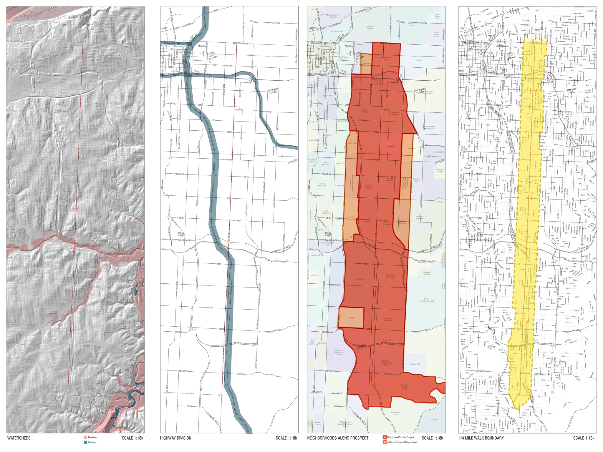 Development of a study area (maps left to right: topography, highways, neighborhoods, & 1/4 mile)