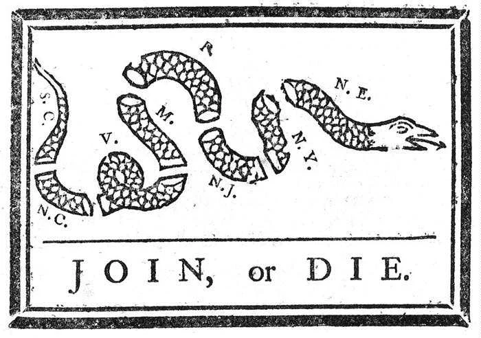Join, or Die by Benjamin Franklin was recycled to encourage the former colonies to unite against British rule