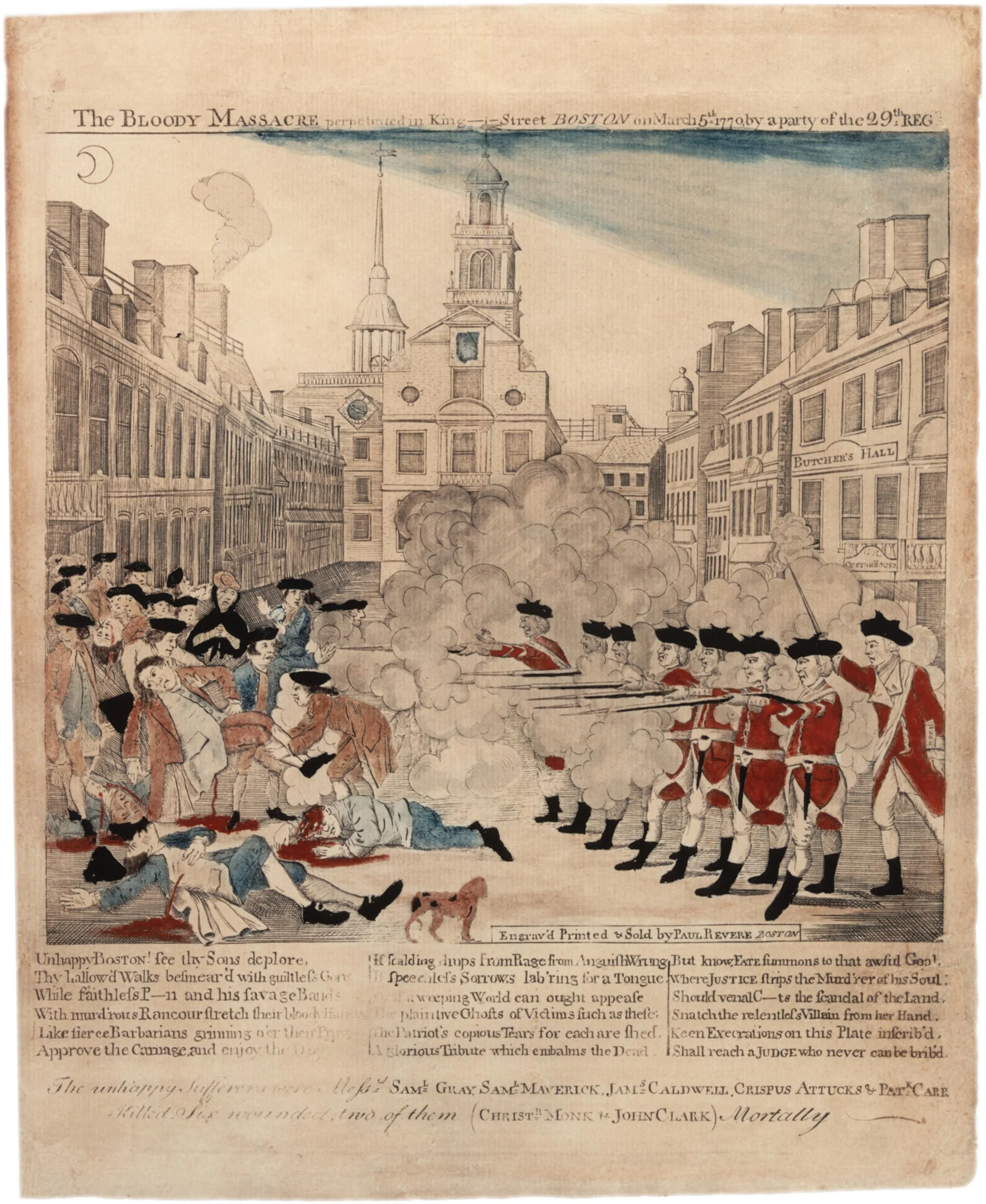This famous depiction of the event was engraved by Paul Revere (copied from an engraving by Henry Pelham), colored by Christian Remick, and printed by Benjamin Edes. The Old State House is depicted in the background.