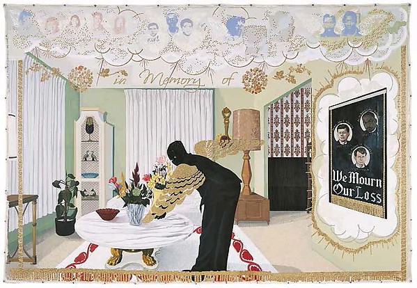 Kerry J. Marshall, Souvenir I, 1997, Acrylic, collage and glitter on unstretched canvas, 108 x 156 in, 247.3 x 396.2 cm