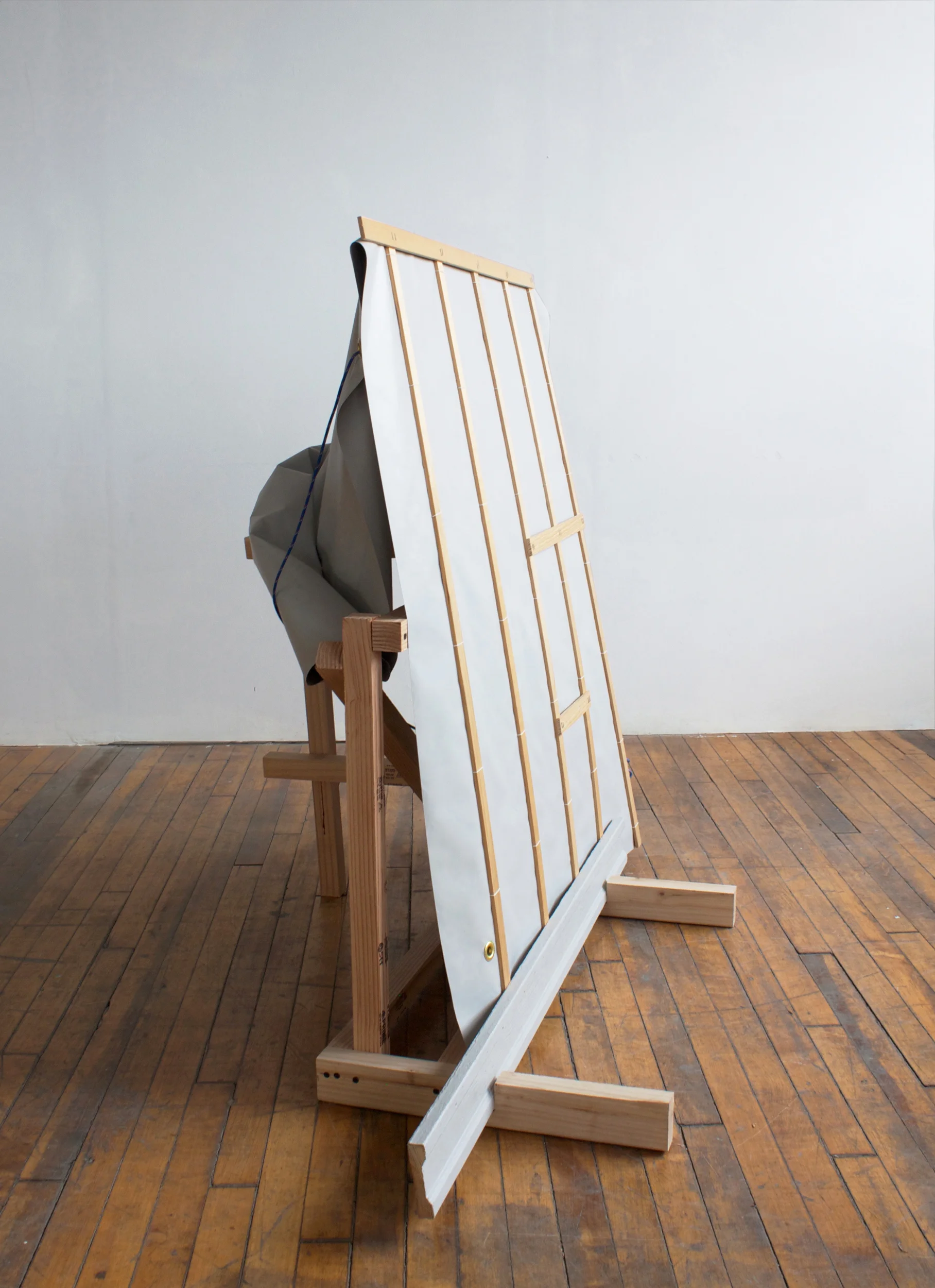 Lean-to (vinyl banner, house paint, wood, cotton string, rope, skirting, screws, staples) 2015