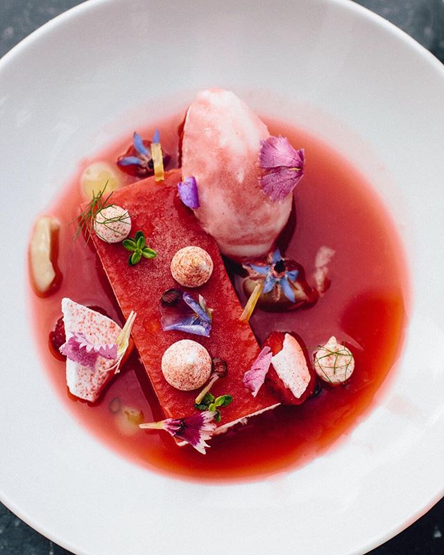 From the blog: Pastry Chef Meagan Tighe's desserts were exquisite. #Elderflower #Semifreddo with #strawberrygel&eacute;e overtop. #Macerated 🍓 , #dehydrated 🍓 #merengue, #buttermilksherbet mixed with #strawberrythyme sorbet. #Fennelcream, thyme flu