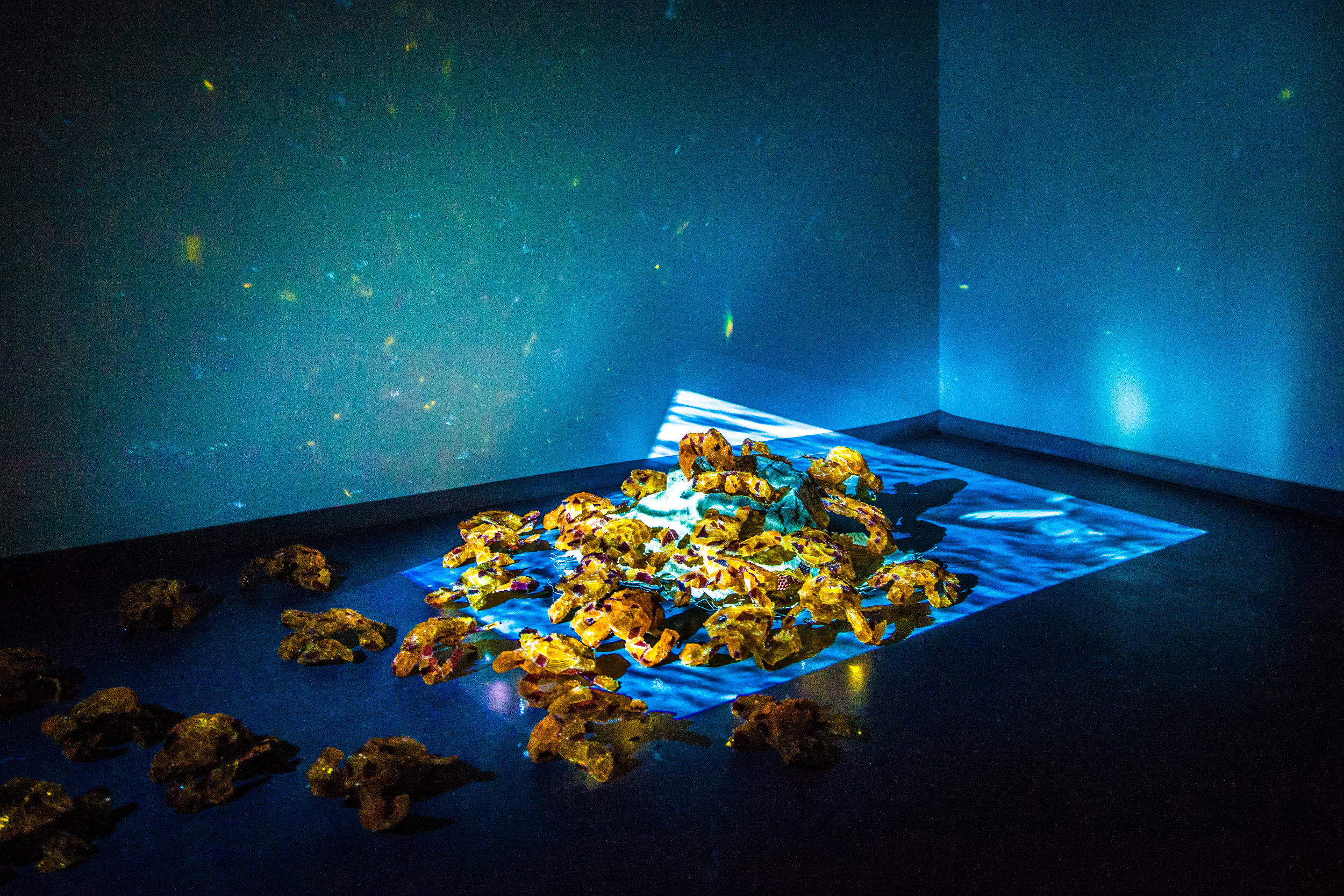 While the moment of the turtles birth is a fragile dangerous time, where being unseen is of utmost importance, the turtles are made from reflectors that will draw attention to them from the tiniest speck of light.