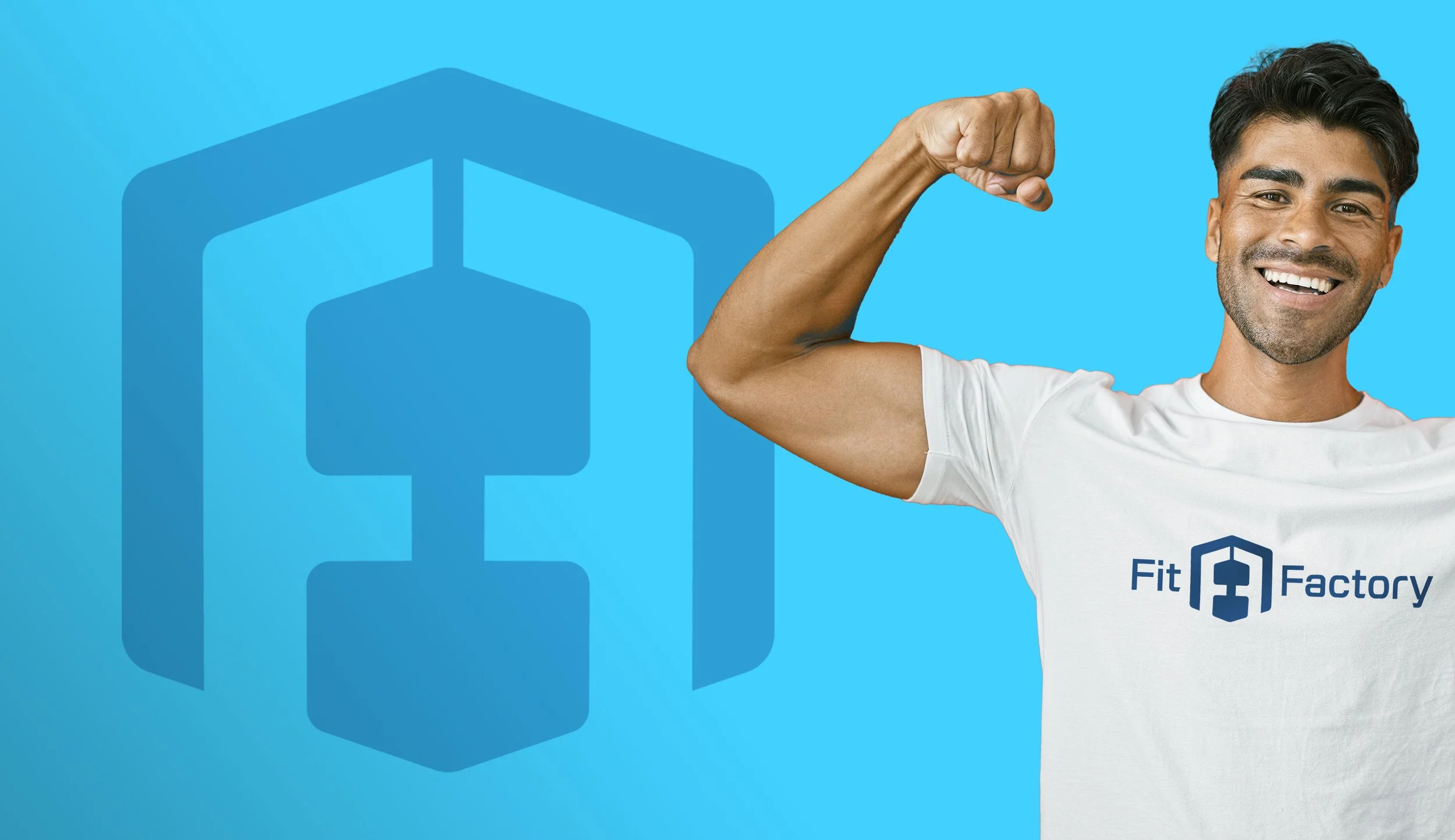 Smiling young man flexing a bicep. He is wearing a white t-shirt with April's Fit Factory logo on the chest in blue. He is standing against a vibrant blue background.