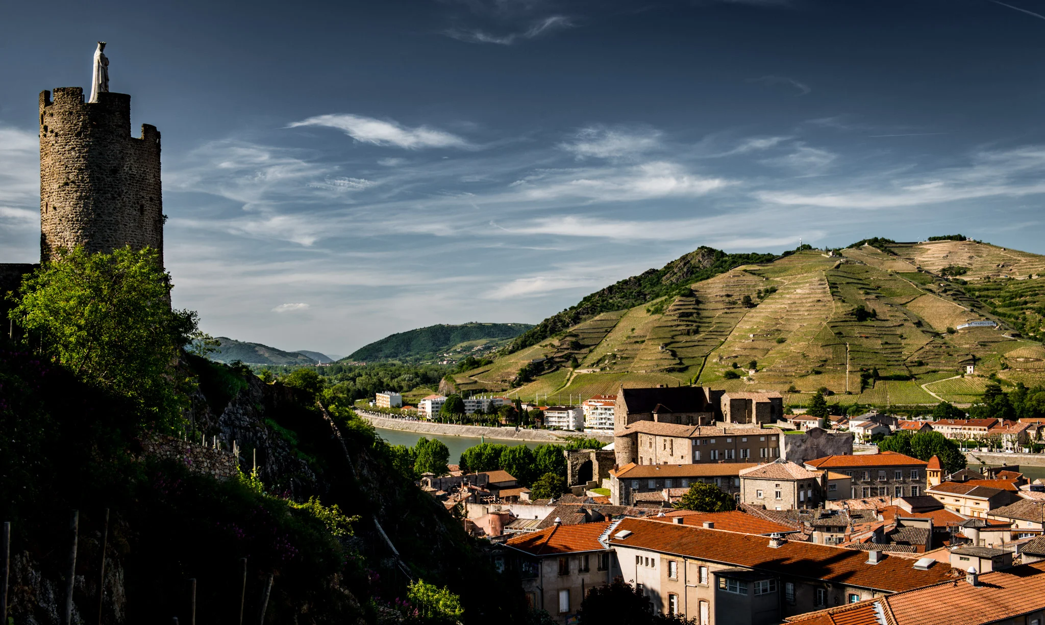 France : Northern Rhone : The hill of Hermitage with Tour de l'Hopital in Tournon looking on