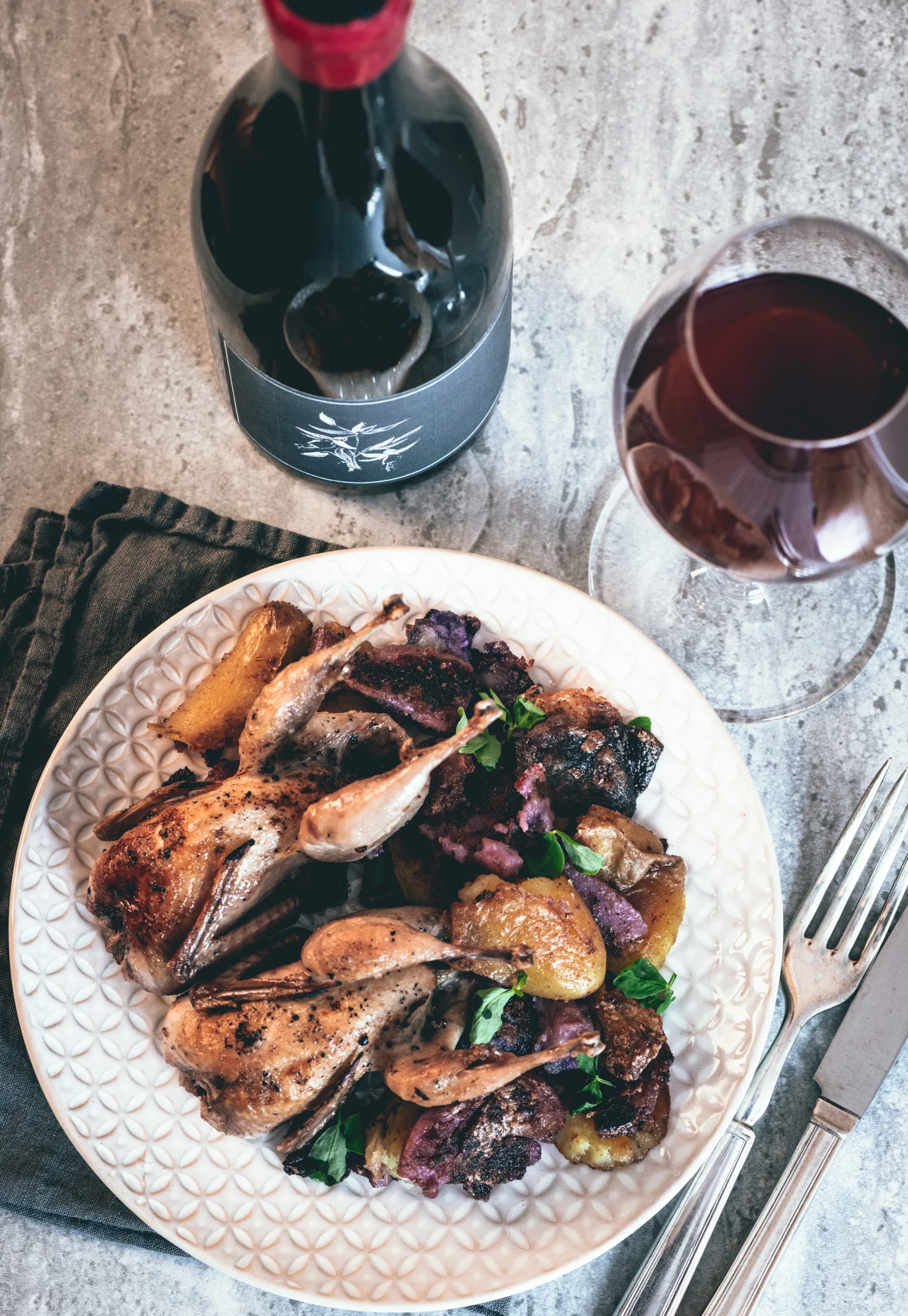 In the spirit of northern California : Quail, crispy cast iron potatoes and garlic, snow pea micro greens : pair with light-bodied North Coast reds (2016 Arnot-Roberts Trousseau pictured here)