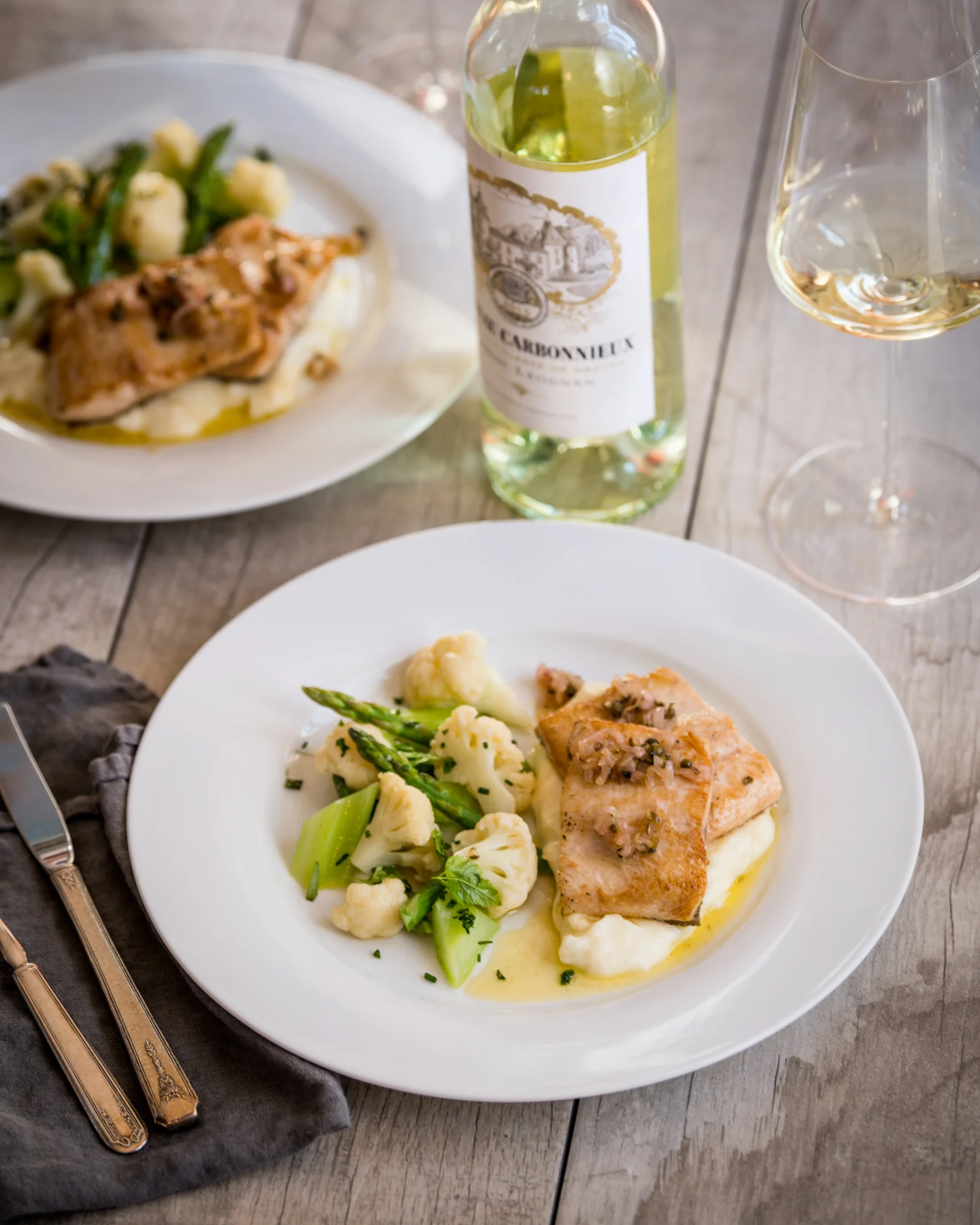 In the spirit of Bordeaux, France : Sautéed trout with shallot and green peppercorn, whipped potatoes, vegetables with tarragon and butter : Paired with Carbonnieux blanc