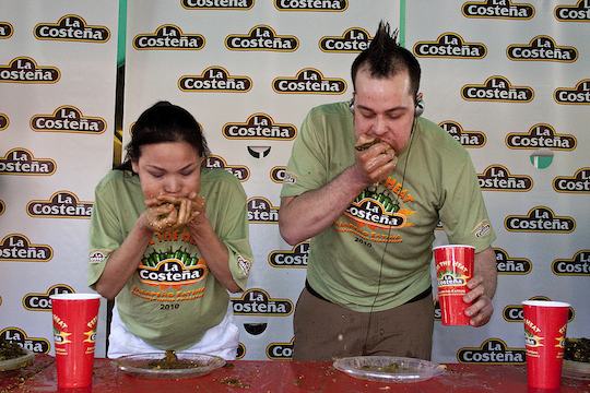Scene from the La Costena jalapeño eating contest. Do not try this at home.