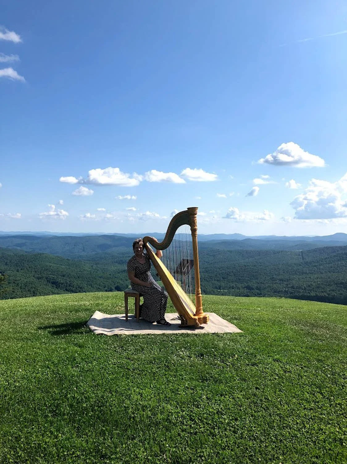 A person sitting on a chair, playing a large wooden harp outdoors on a grassy hilltop with a panoramic view of rolling green mountains under a bright blue sky with scattered clouds.