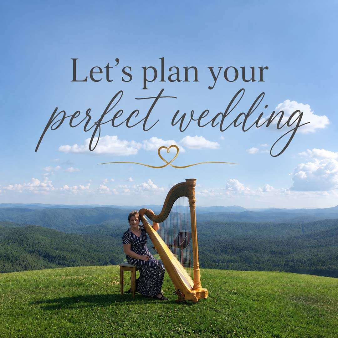 A woman sitting on a chair beside a harp on a grassy hilltop with a scenic mountain view, with the text "Let's plan your perfect wedding" overlayed in the sky.