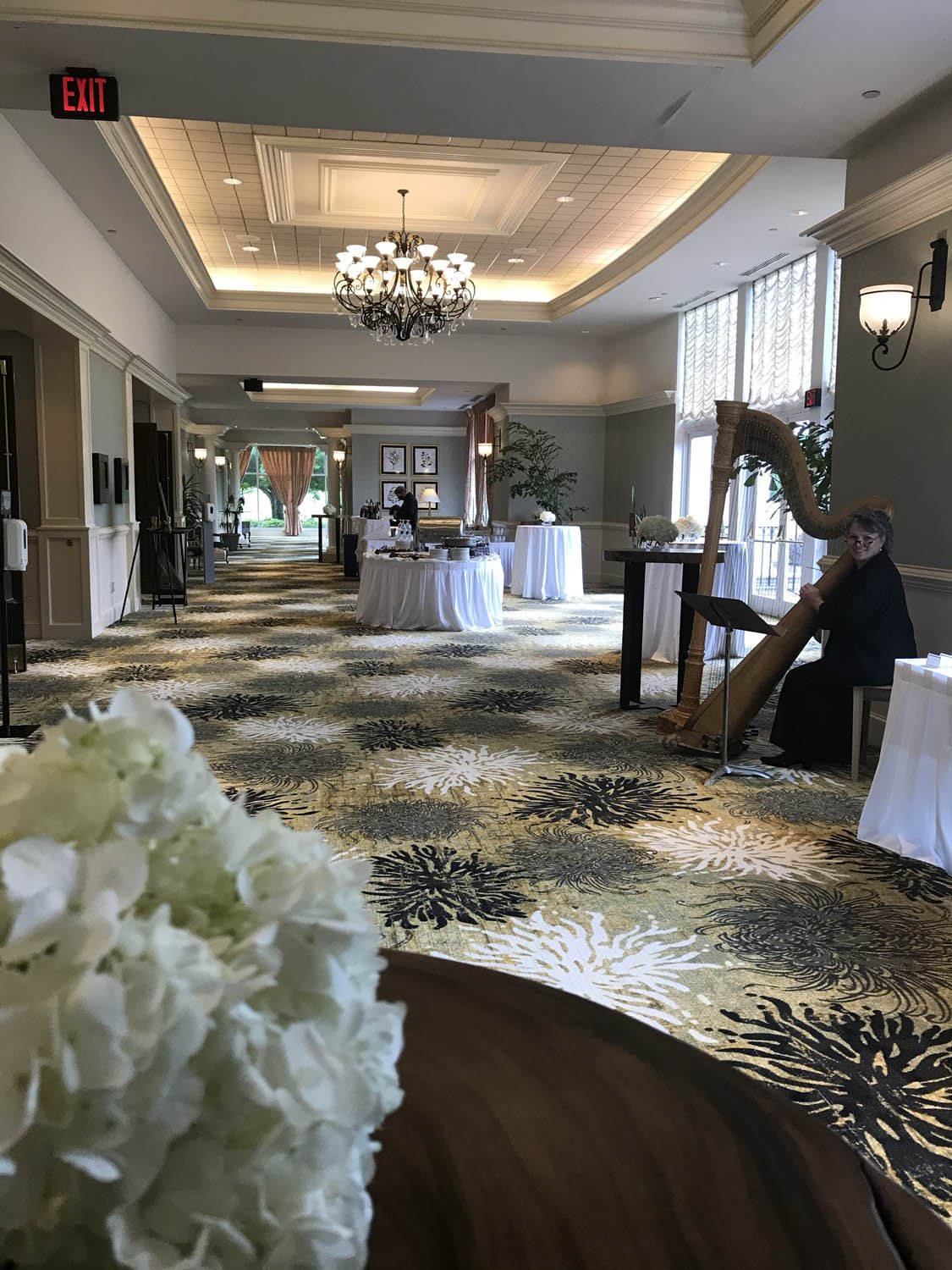 Elegant banquet hall decorated for a gathering, featuring white tablecloths, floral arrangements, a harp player, chandeliers, and large windows with white curtains.