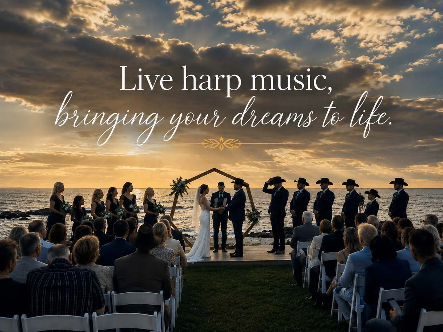 A wedding ceremony taking place on the beach at sunset with a couple exchanging vows under an arch, surrounded by bridesmaids, groomsmen, and seated guests, with the sky filled with clouds and the ocean in the background.