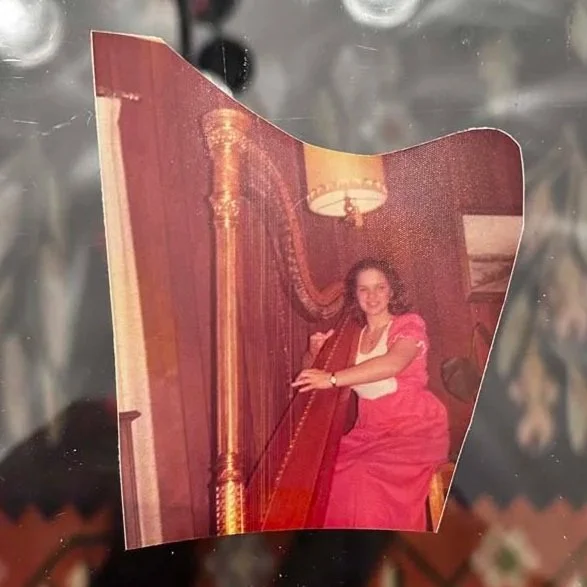 A cutout photo of a woman in a pink dress playing a large harp, sitting in a room with warm lighting, a ceiling lamp, and framed artwork on the wall.