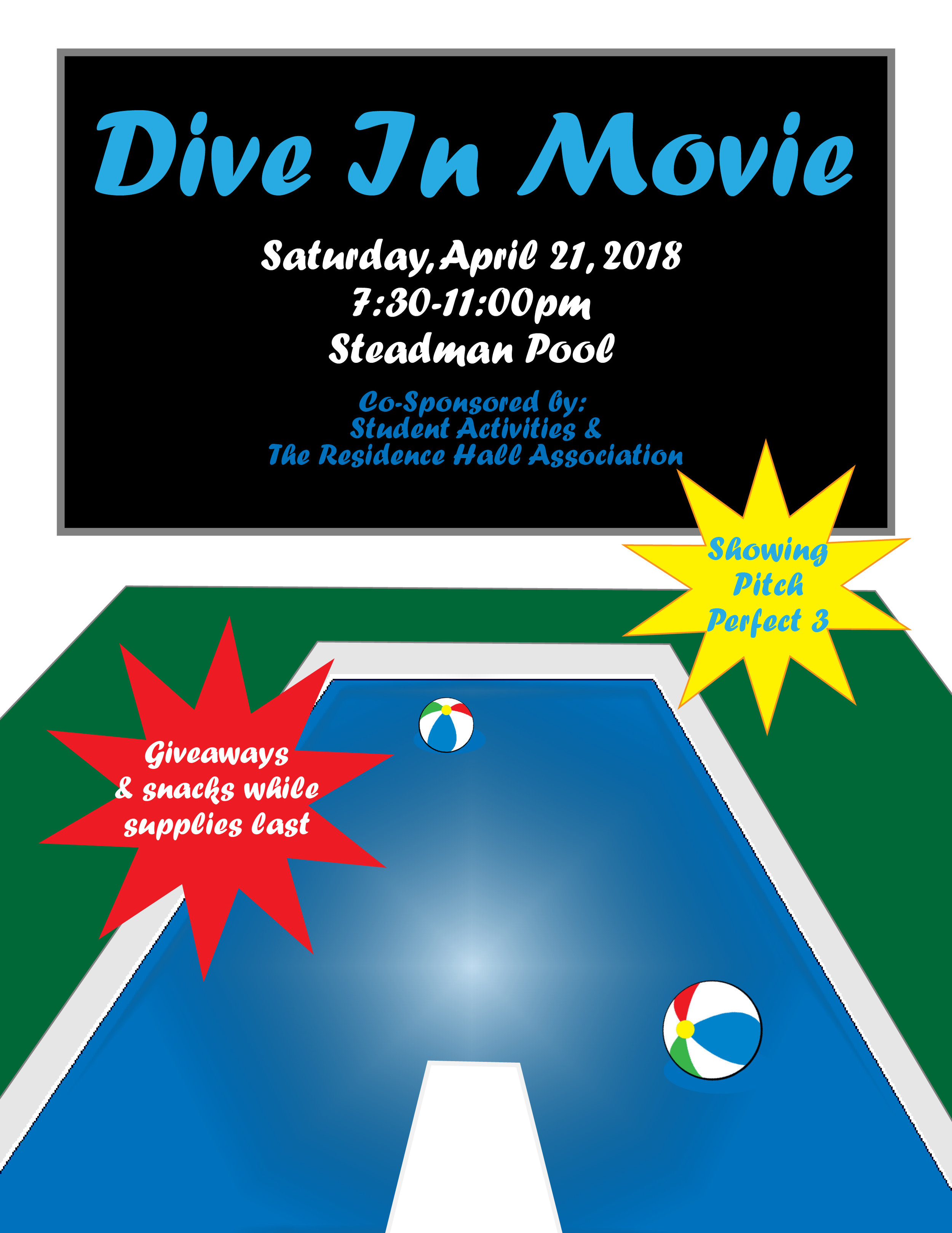 For the first ever, Dive In Movie, the Residence Hall Association was seeking a simplified design with bright colors to market to all students.