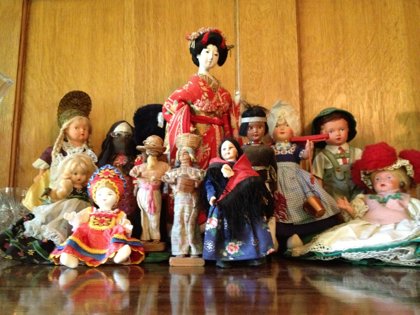 Part of Catherine Madison's childhood doll collection, which managed to survive so many moves. These old friends were finally unpacked and displayed after spending 40 years in boxes.