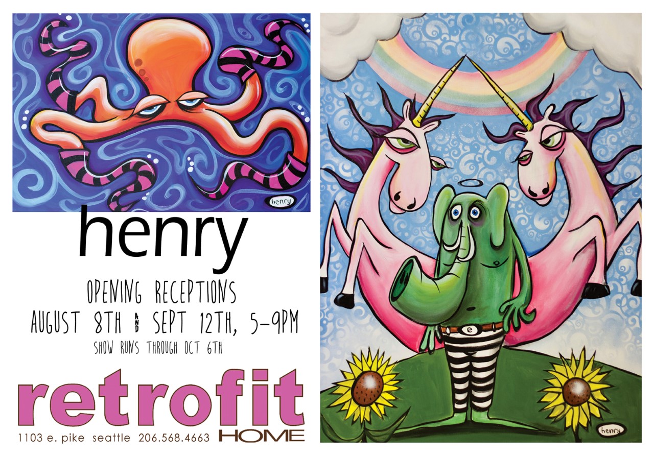 Legendary and ubiquitous muralist Henry presents a new body of canvas work. The work is themed from playful innocence, metaphors for complex emotions, and vibrant expressions of sexuality; an unfiltered expression of self-exploration as he calls his own process. The year is 2019 and although cars still don't fly, you can catch Henry's work at Retrofit Home. Champagne receptions on August 8th and September 12th from 5:00pm - 9:00pm at Retrofit Home.