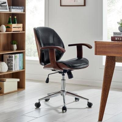 Bamboo Rolling Office Chair, Faux Leather Desk Chair With Arms
