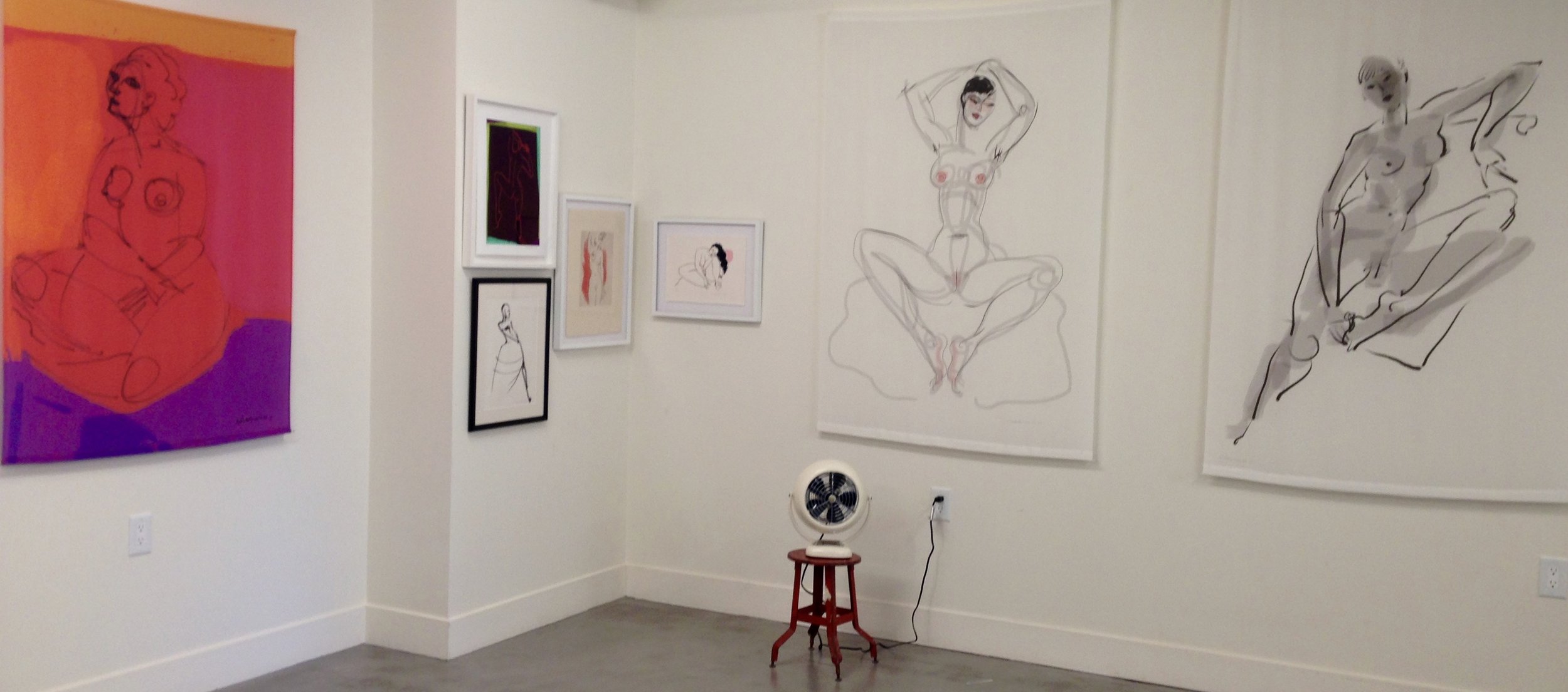 One of my corners of the gallery showing a color block silk scroll (left), two of my white silk scrolls (right), three of my prints and a drawing (center) Plus the fan. November 2016