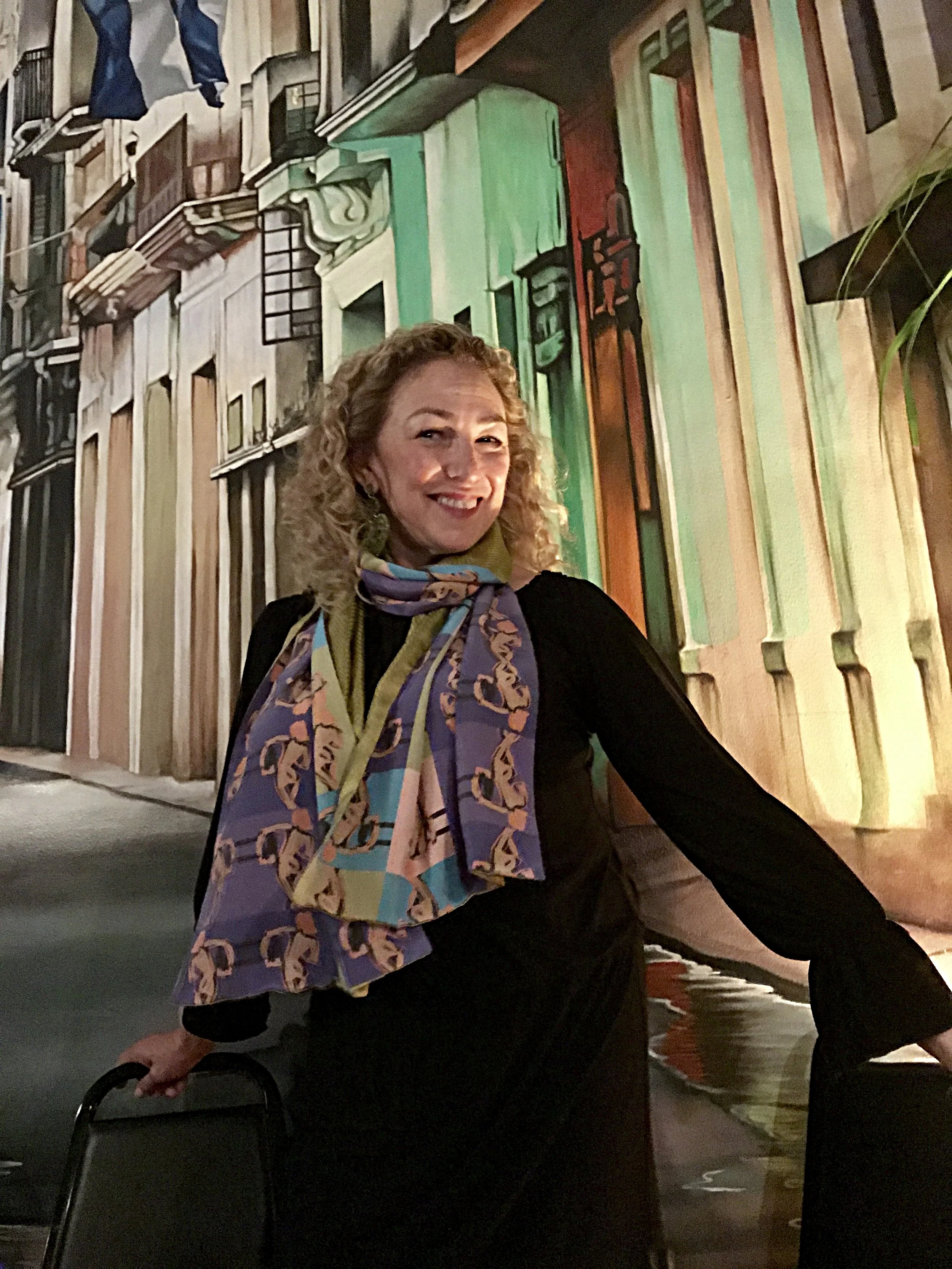 First night in NYC at a Cuban restaurant in East Harlem. The mural behind me looks like a stage set or I'm actually IN Cuba. Yes, that's my microbatch textile scarf I'm wearing.