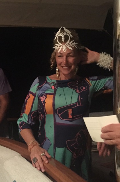 Rituals, performance art, theatre. Call it what you will. Last night party. Aphrodite (my persona) and birthday girl in paper crown by artist Julie Paschkis . Wearing one of my art dresses and necklaces. 