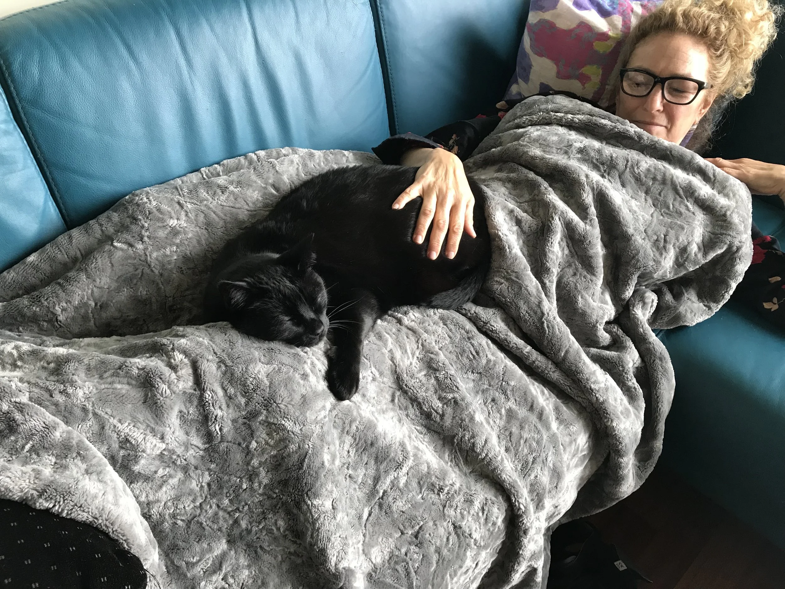 Foot up, cat on lap, and a furry cover...