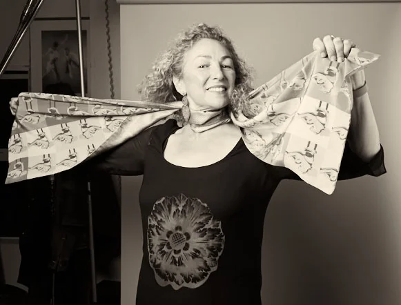 Dave Papas, my photographer friend, had many years of great photo-birthday parties. Here I'm showing off my art scarf - now a collector's item!