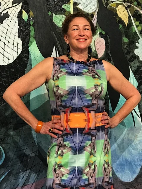 At Miami Art Basel in 2017 wearing one of my handmade art dresses.