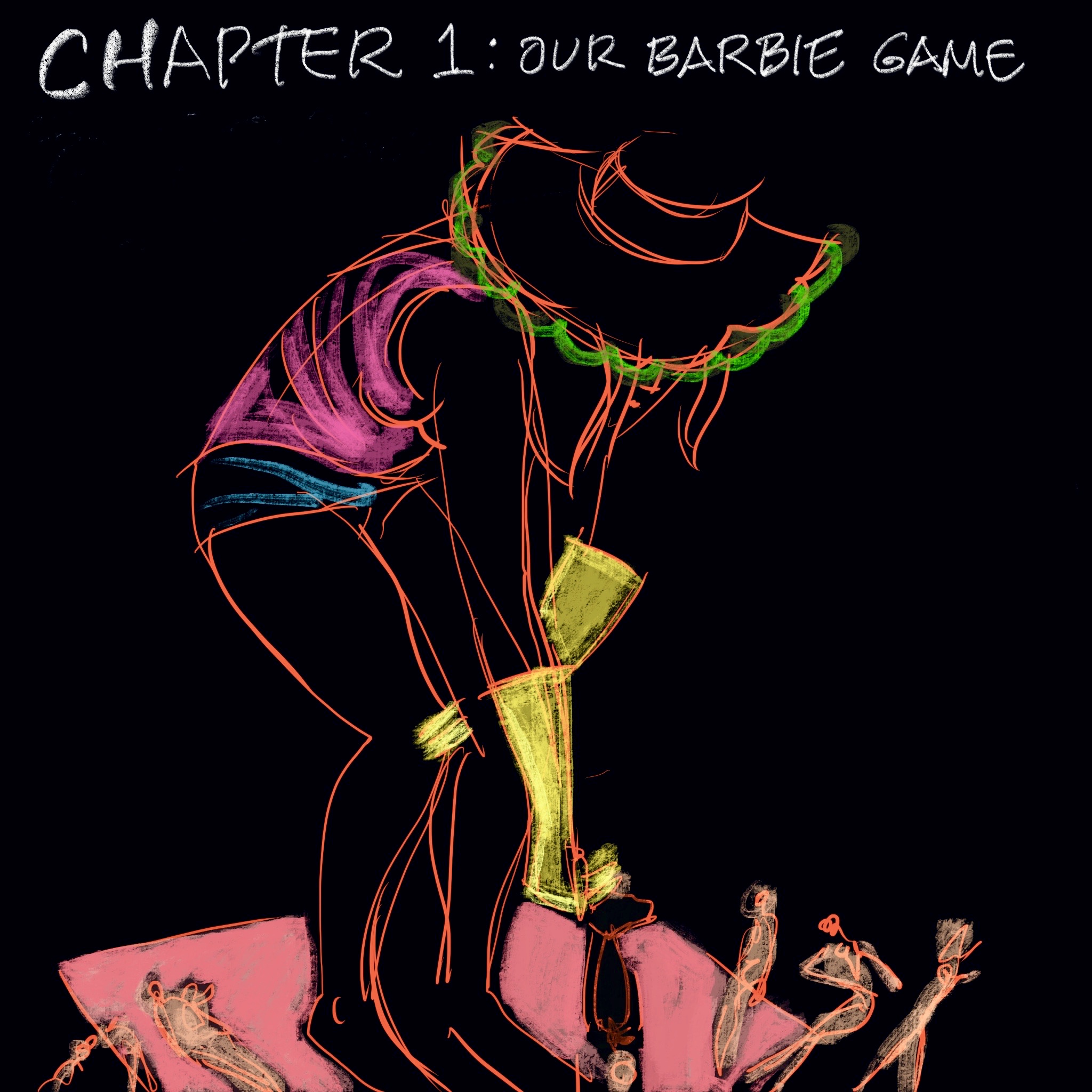 A chapter divider page in the book of the model in gloves, hat, and underwear with Barbies.