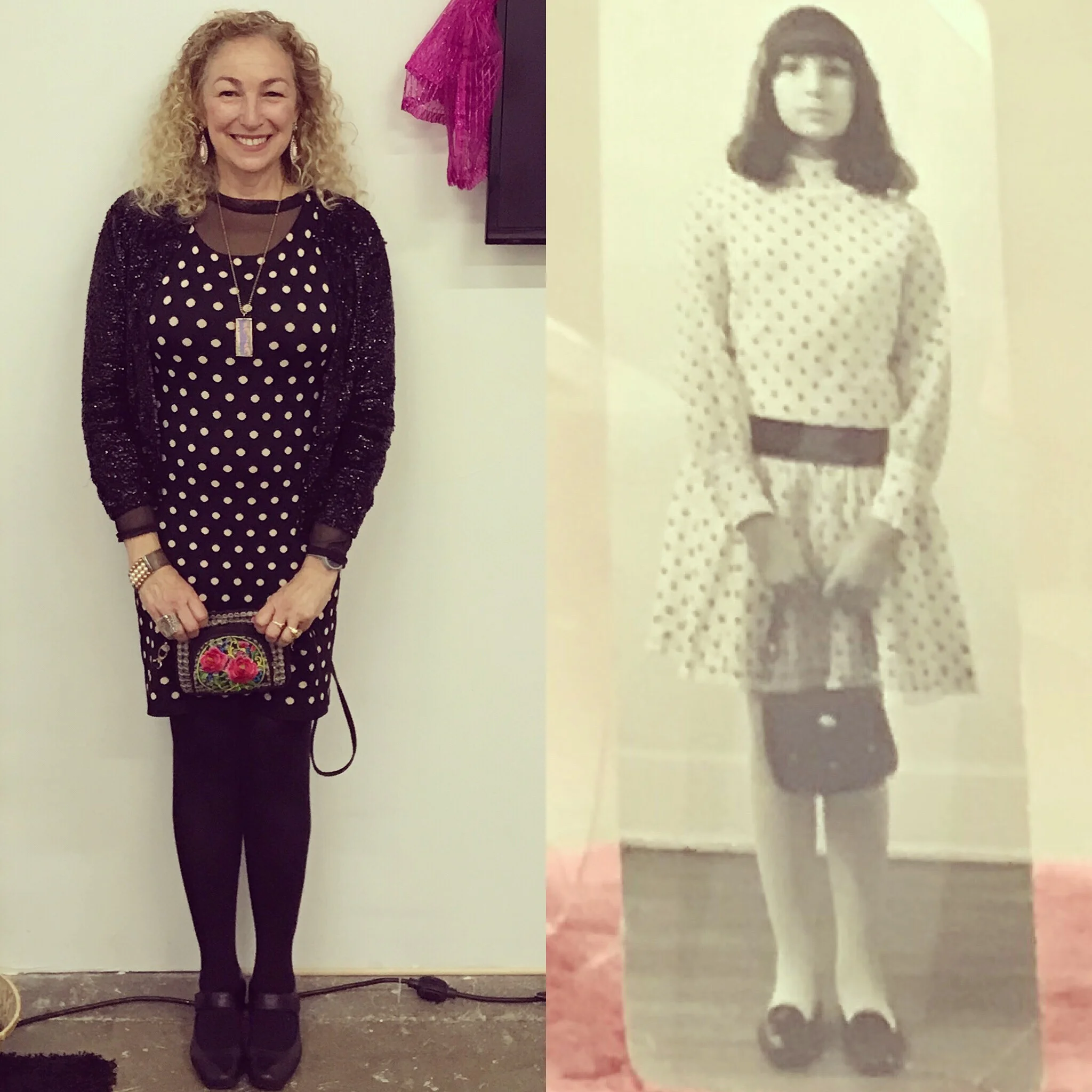 Now and then, side-by-side photos: left is at the reception for Barbie on the Cusp and right is a black and white taken by my father at somewhere between 10-13 years old which he printed and cut to the size of a Barbie with curved corners. This was in the vitrine in the show.