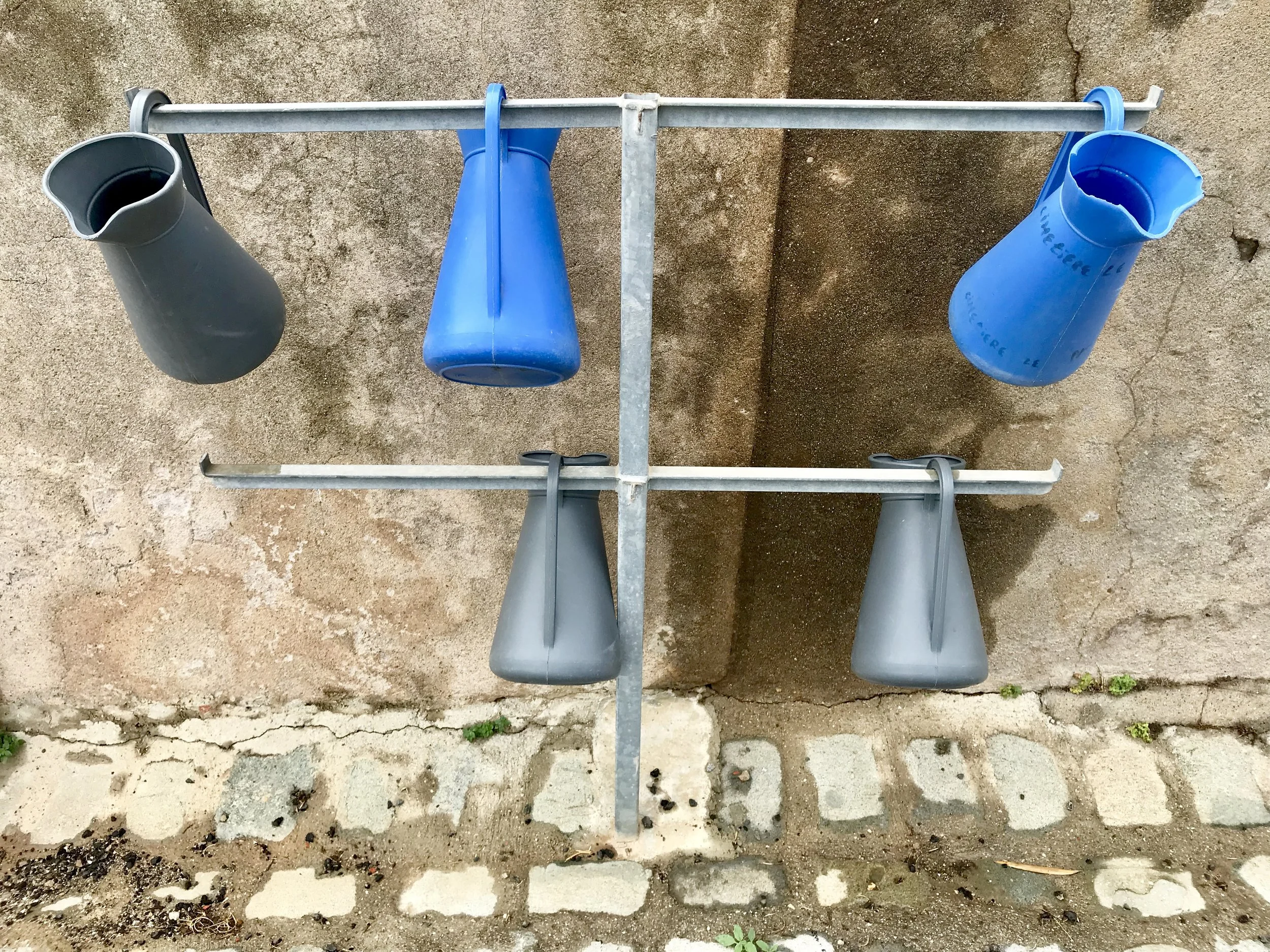 Watering cans provided for the live flowers and plants.