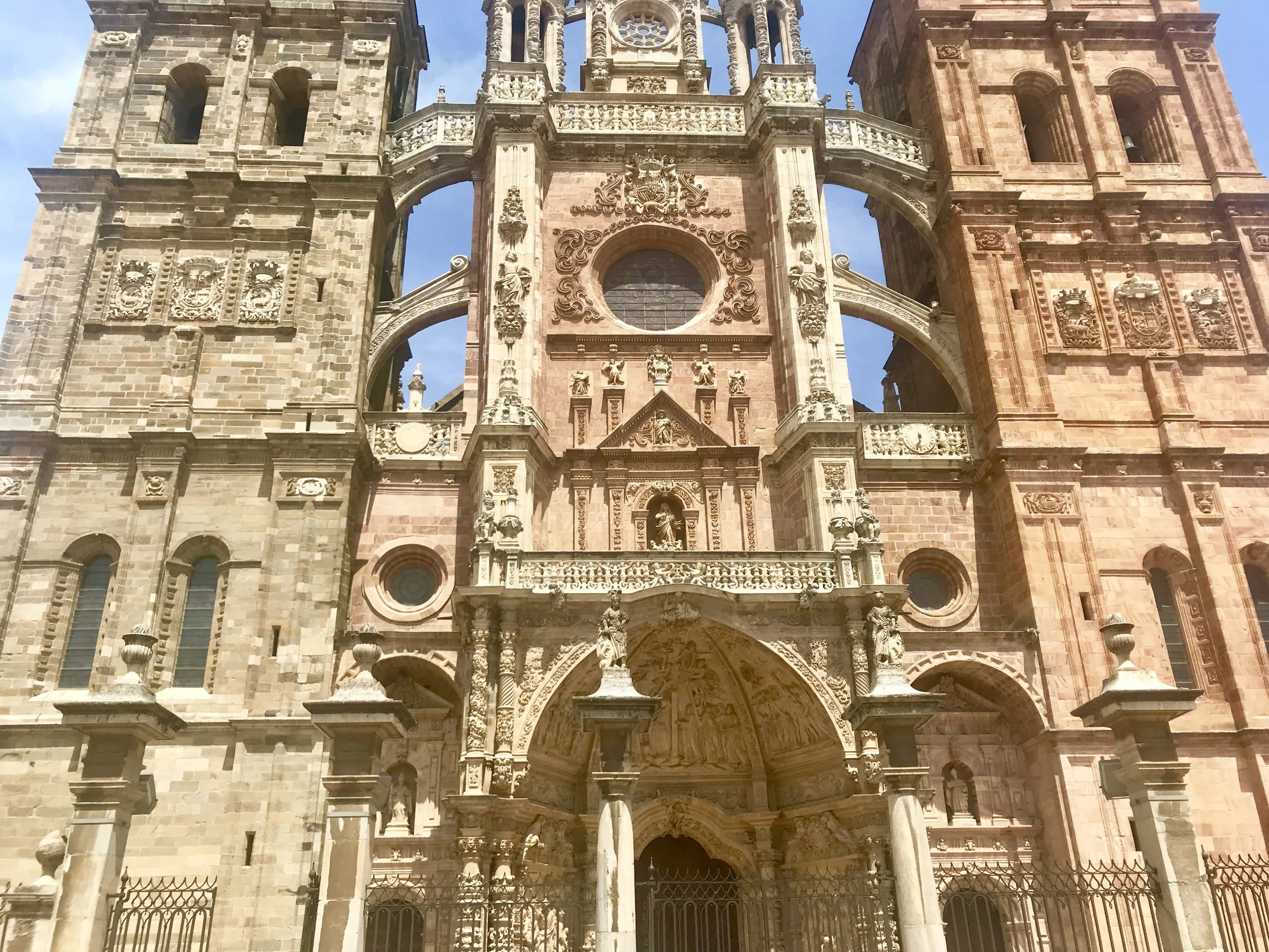 In this town along the Pilgrims Trail in the middle of Spain, there’s an elaborate cathedral, an ancient, simple church, and a fanciful Gaudi church all next to each other in one square where we stopped by for a bite.