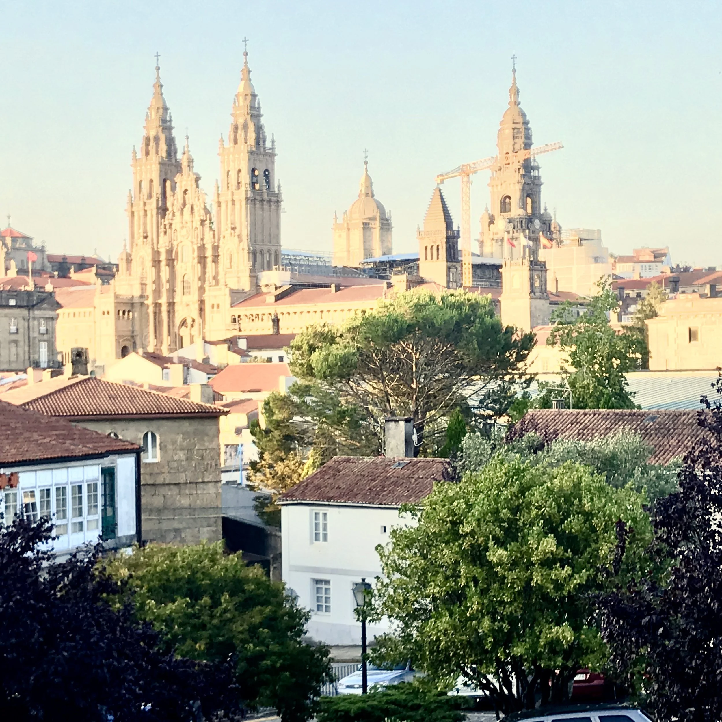 View of the famous, golden cathedral from the park where week-long festivities were taking place in Santiago de Compostela.