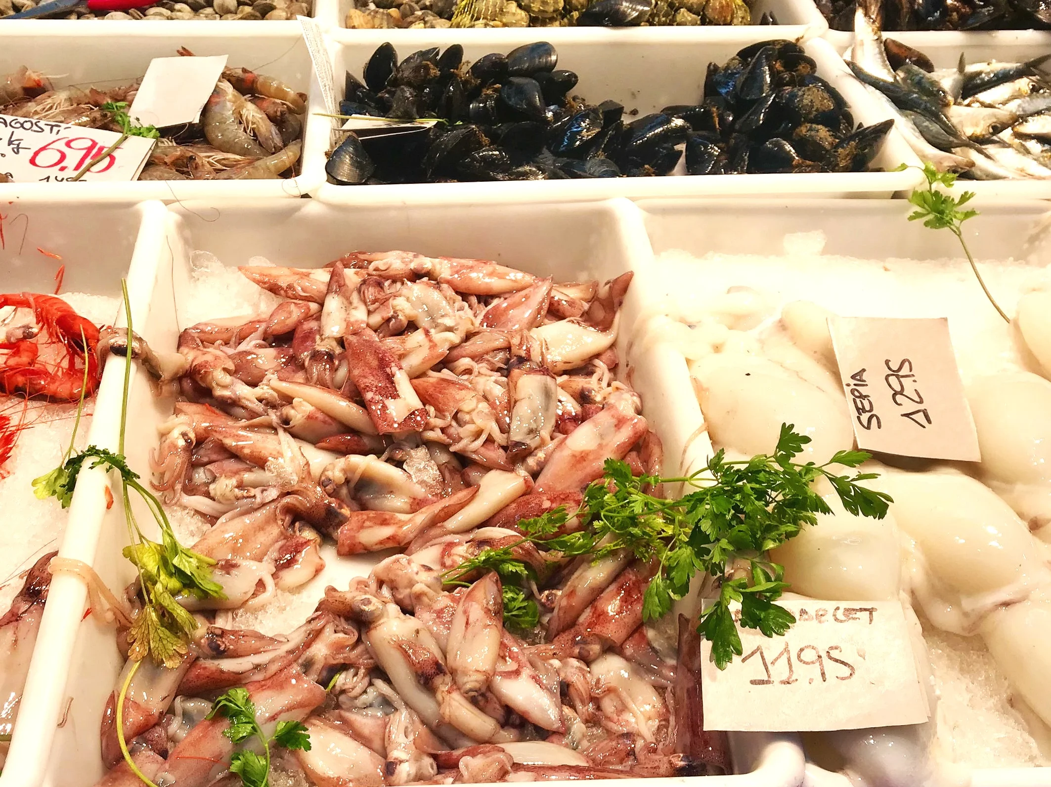 In the morning we stock up at the market. On the right is sepia, my favorite local seafood and yes, it’s a member of the Cephalopoda family.