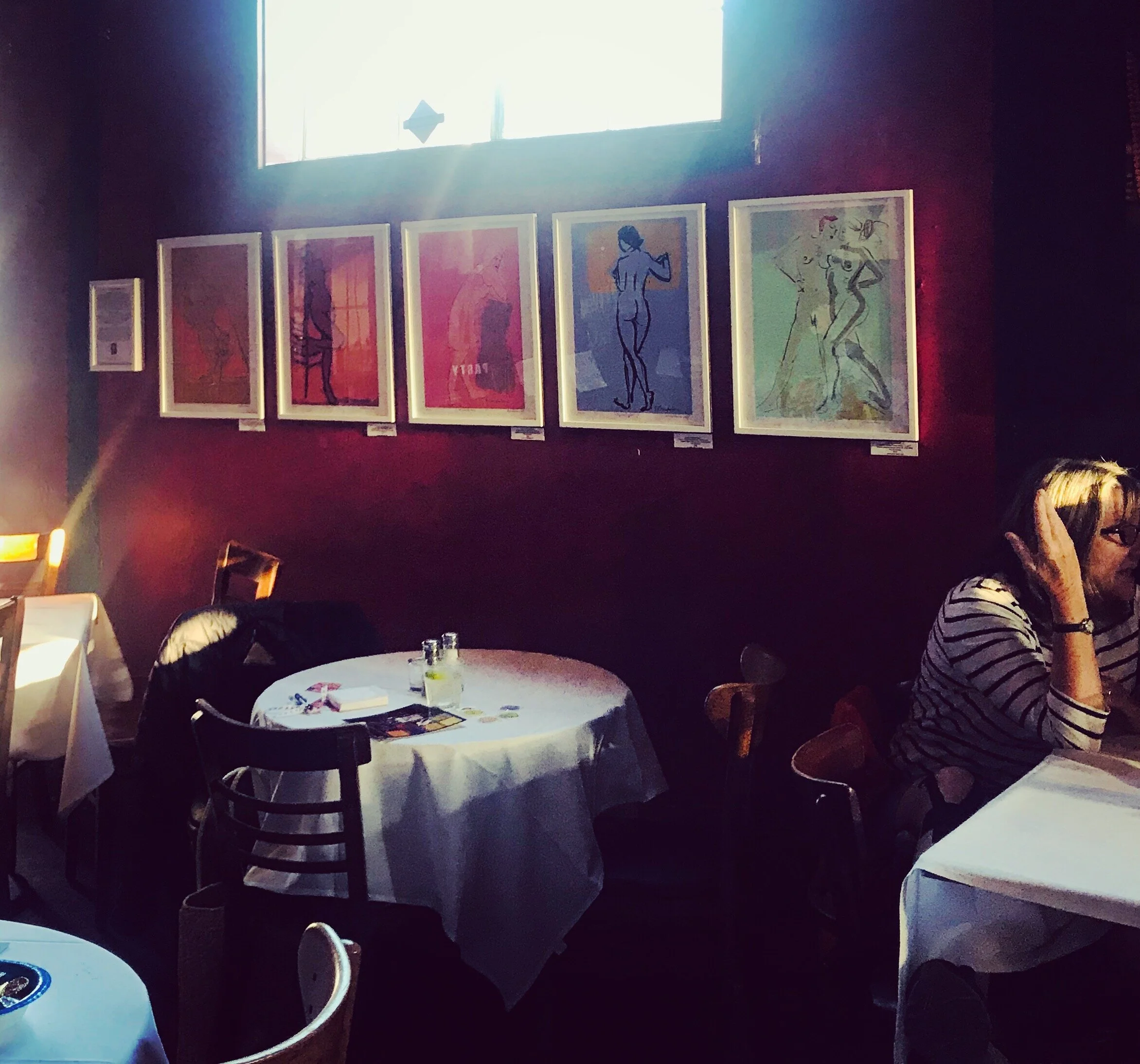Bright end-of-day light penetrates the dark walls at the Rite Spot. At the opening of my show on Sept. 9 (SF). Stop in for an excellent performance or a happy hour and an art viewing through November 3.