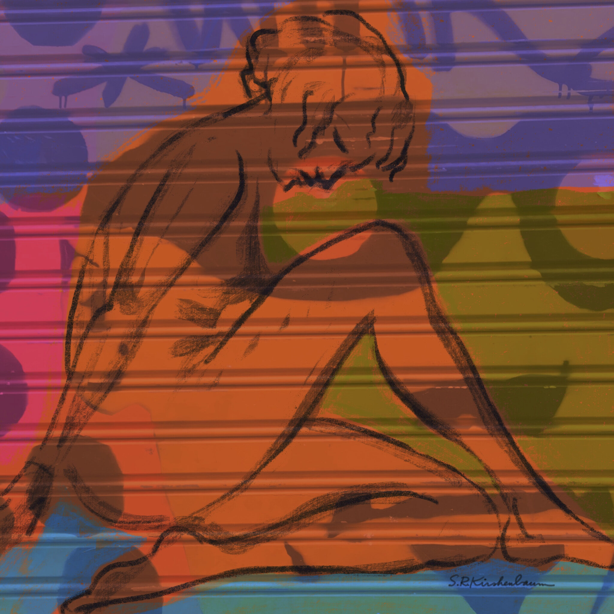 “Wall Series: Happy Yet Sad” is a composition which includes a photo of a painted window grate in Spain with a life drawing of “the model with lilac hair” who also appears in “Thistle Twins” below.