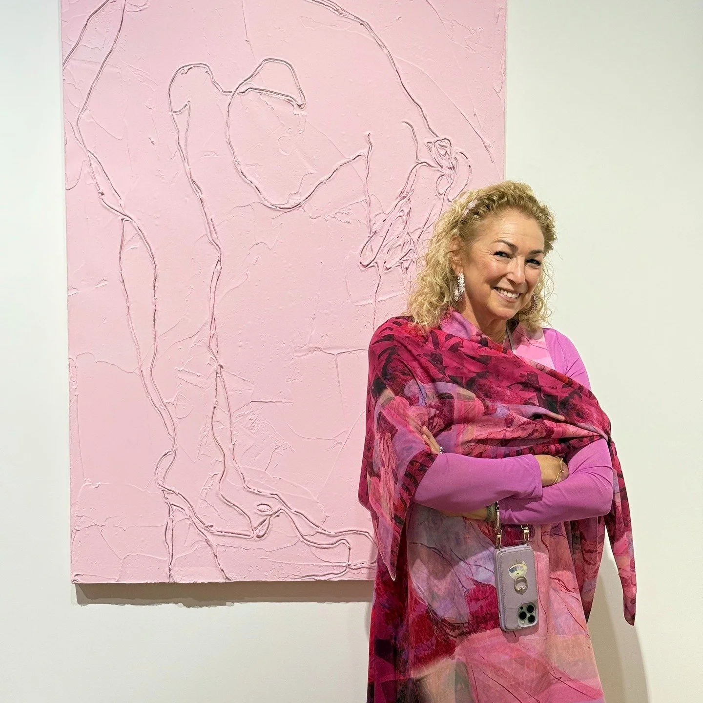 A lively opening reception last night of a figurative show - several of the artists and/or their work pictured here. That's just me first posing with a pink icing-like painting behind me. 
Tony Wessling describes it as &quot;Visually arresting 2D and