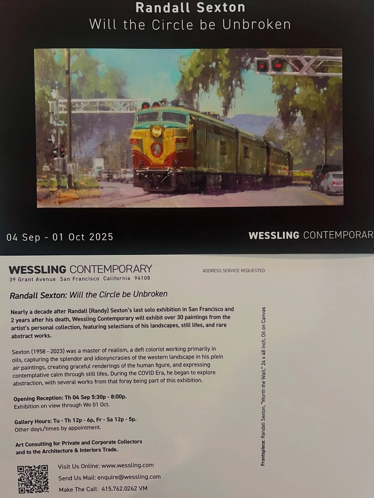 Don't miss! This is a first - a one person retrospective show of paintings by the late artist Randall Sexton. I co-curated the show with Wessling Contemporary, Tony Wessling's new downtown gallery, location at 39 Grant Ave (btw Market St and Geary Bl
