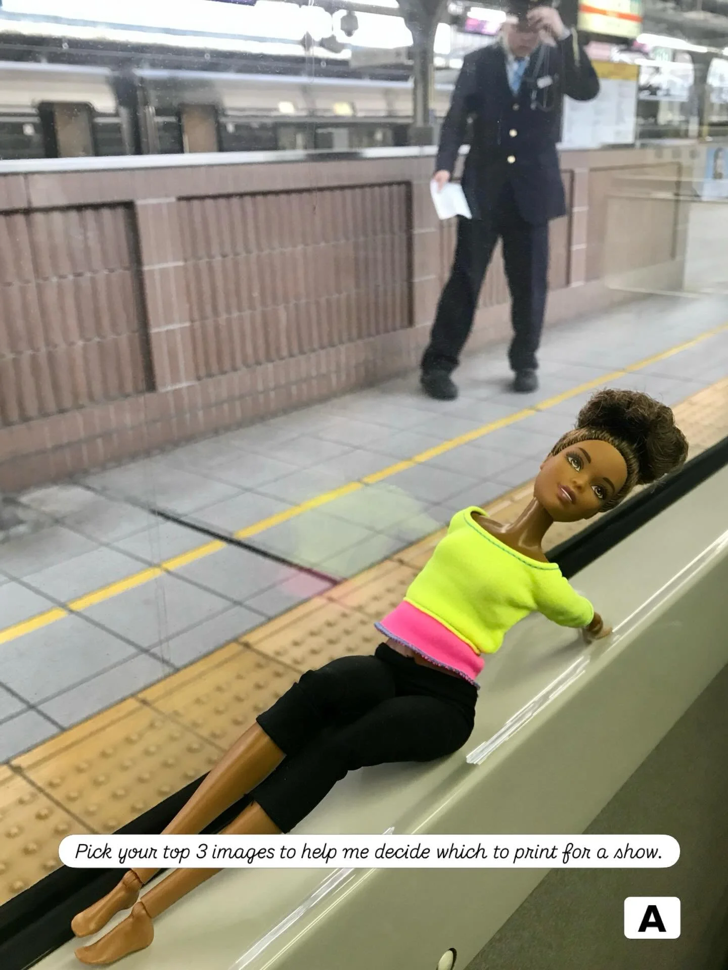 I&rsquo;m trying to choose a few images to print from my &ldquo;Barbie on the Cusp&rdquo; series for a show. 
The theme of the show is &ldquo;Radical Joy&rdquo;. 
Please choose 1-3 of your top picks and give me their corresponding letters. 
Thank you