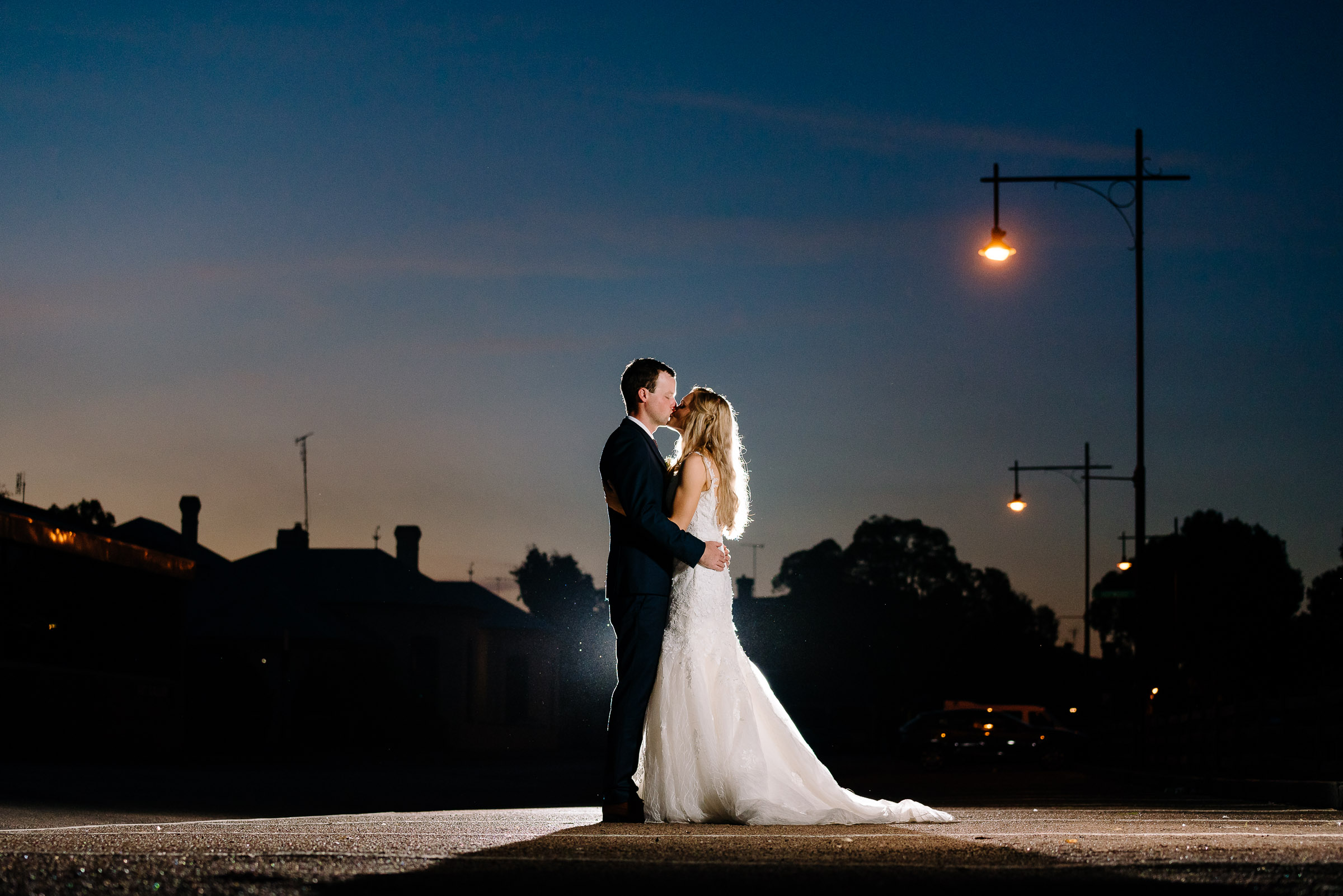 Sunset Twilight Bride and Groom at the Historic Port of Echuca - Radcliffes Wedding Photographer Echuca 