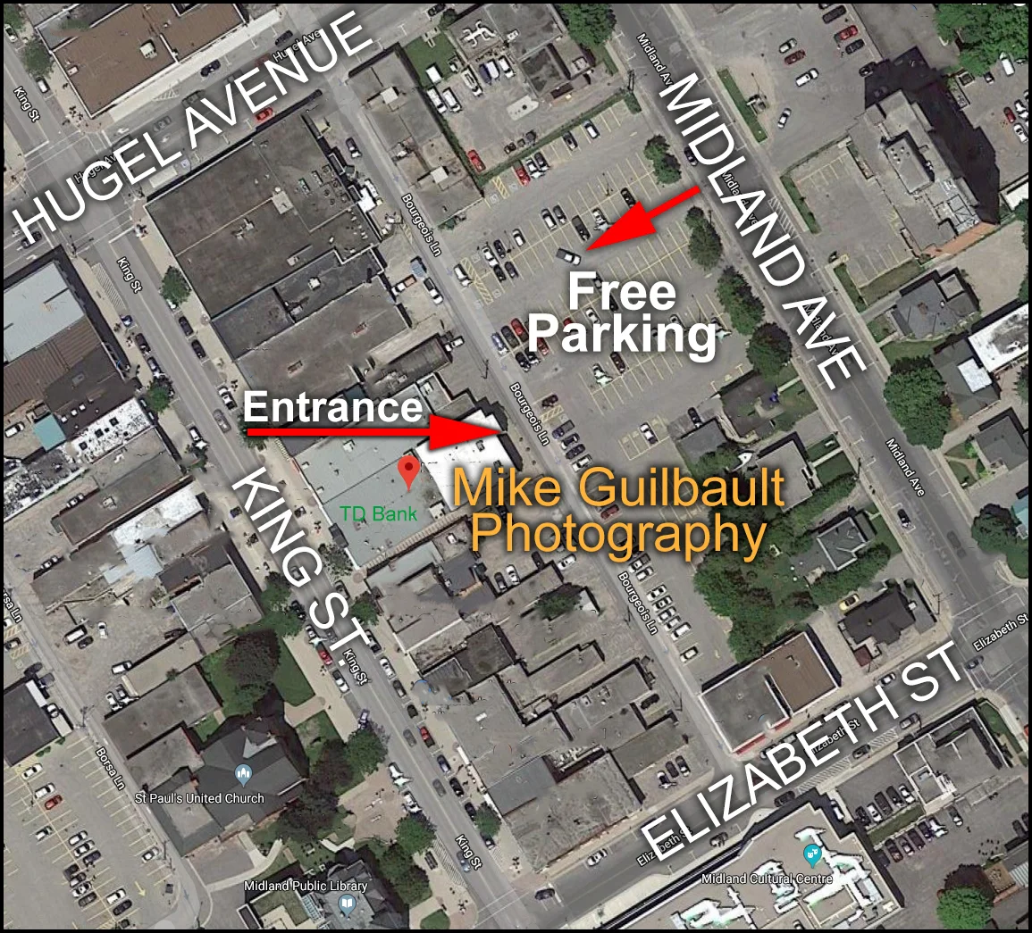 CLICK TO ENLARGE: Access the free, municipal parking lot off Midland Avenue, between Elizabeth St. and Hugel Avenue. Access from King Street via the ally between TD Canada Trust and Bell.