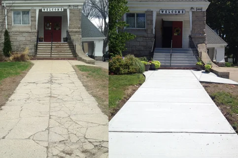Before and after view of the front walkway and stairs at the entrance of the church