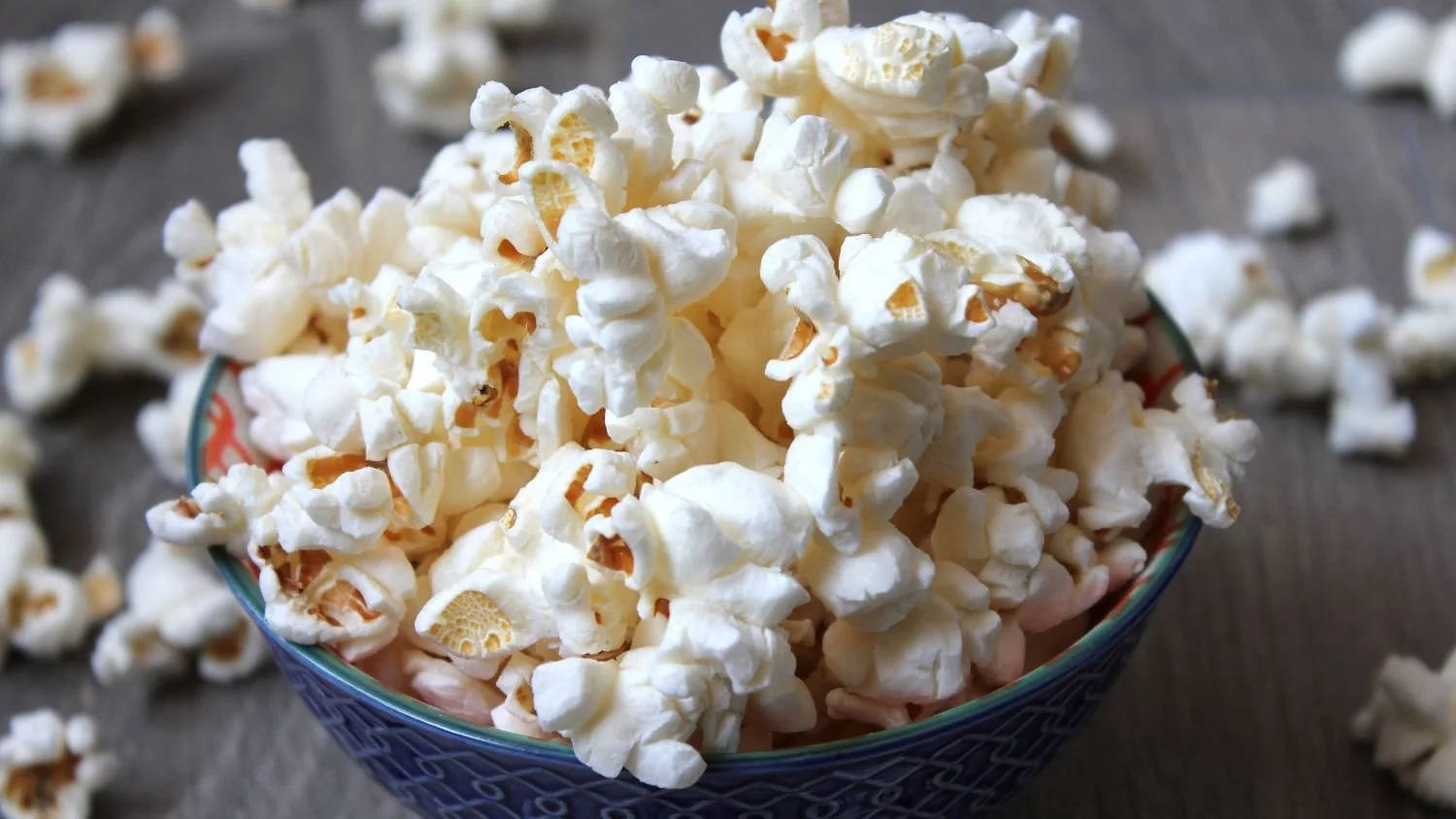 popcorn in a small blue bowl