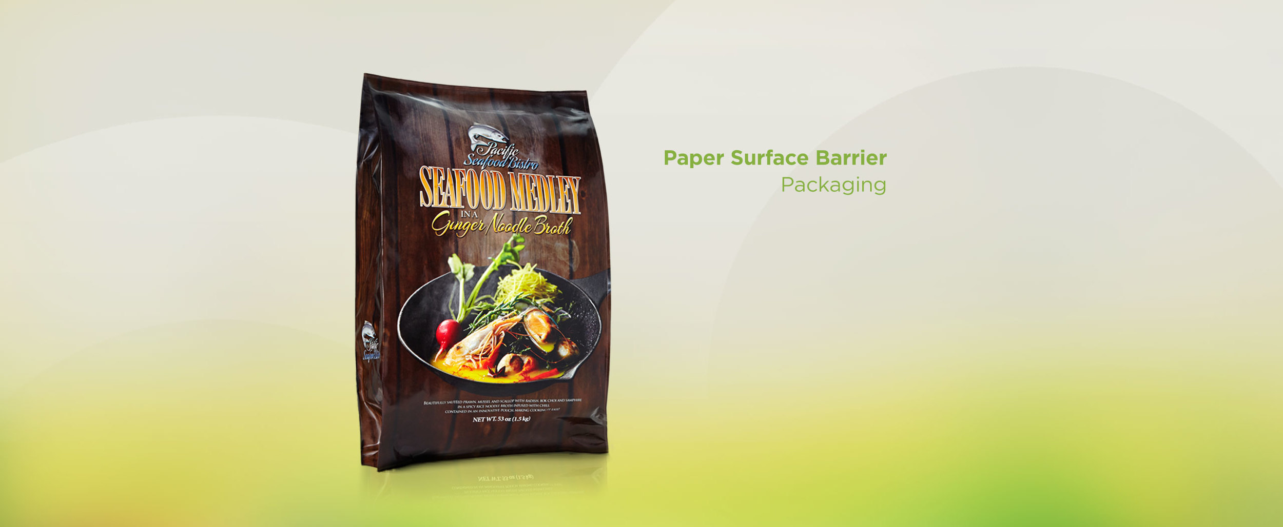 Selection of different product packages on bright green background reading "Paper Surface Barrier Packaging"